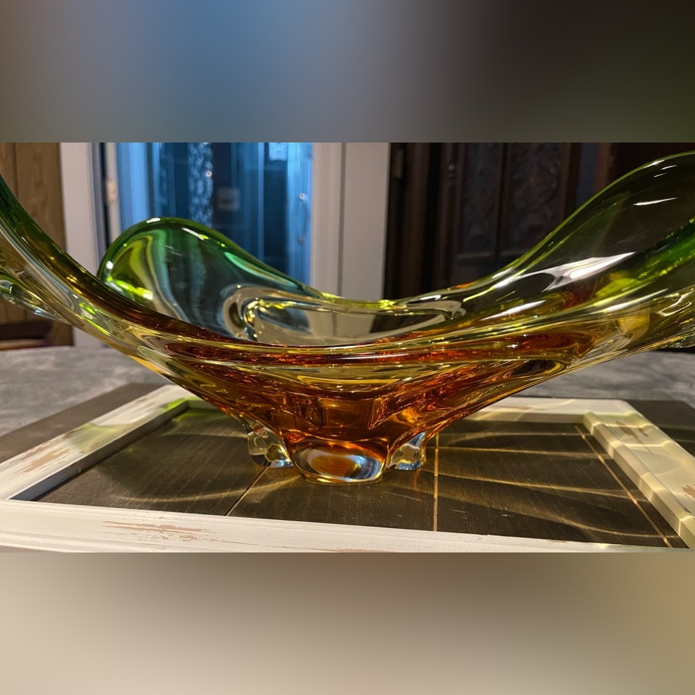 MCM glass bowl. Murano style(could be Murano don’t know) in green and gold.